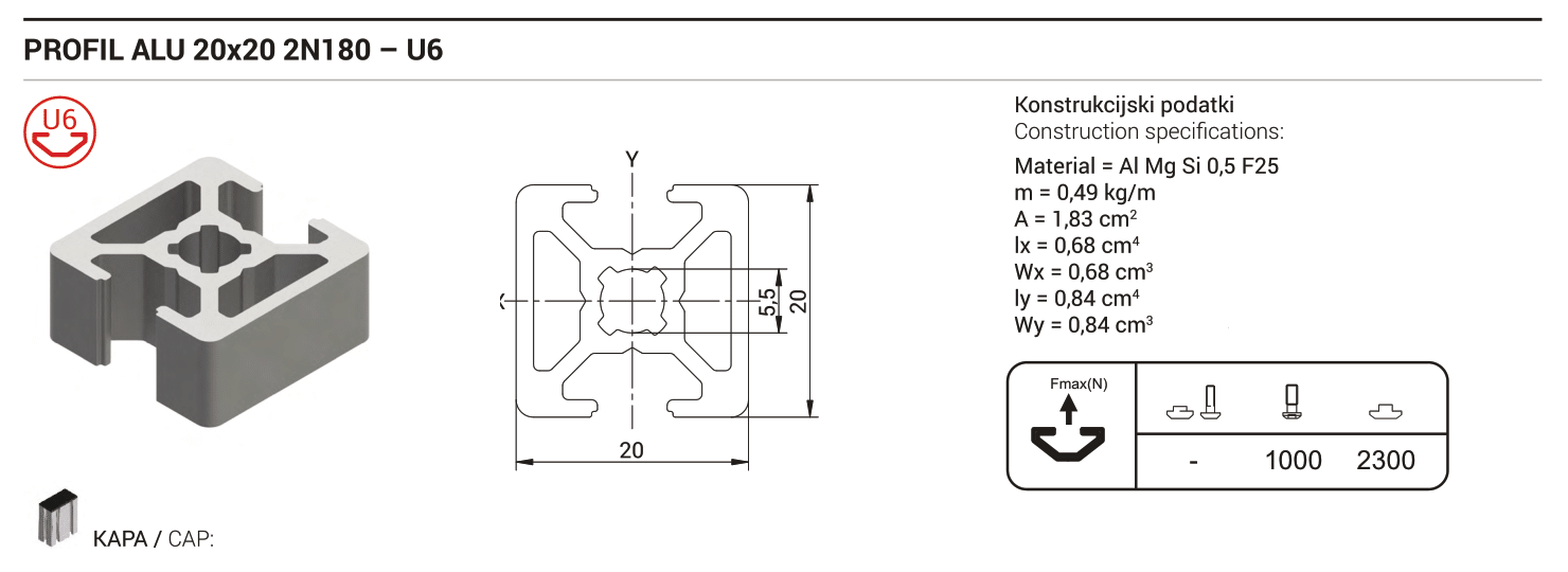 Aluminijasti profil T-utor 20x20 2N180 6